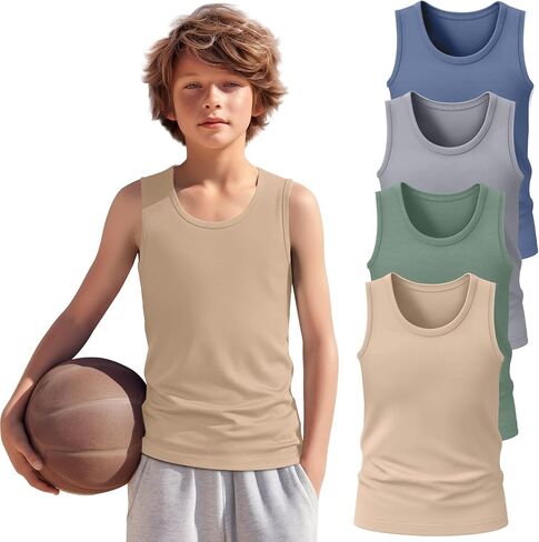 4 Pack Boys Tank Top Athletic Summer Undershirt Round Neck Workout Sleeveless Shirt Kid Casual Basic Tee Size 3-16 in Saudi Arabia