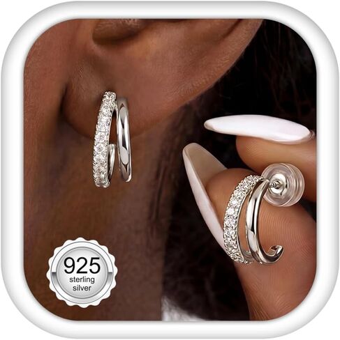 LOLIAS 925 Sterling Silver Posts Triple Huggie Stud Earrings for Women-Trendy 14K Gold Plated Drop Dangle Earrings-Hypoallergenic Statement Illusion Earring Fashion Jewelry Gifts in Kuwait