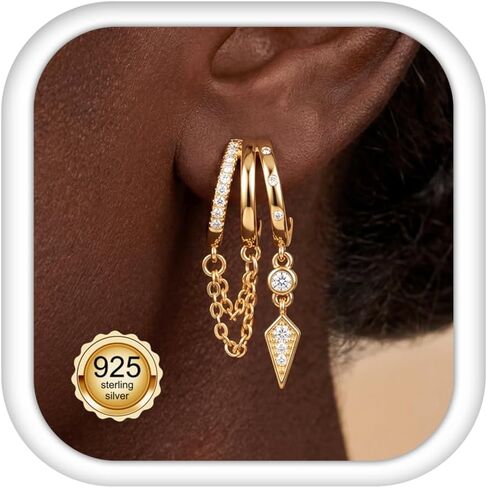 LOLIAS 925 Sterling Silver Posts Triple Huggie Stud Earrings for Women-Trendy 14K Gold Plated Drop Dangle Earrings-Hypoallergenic Statement Illusion Earring Fashion Jewelry Gifts in Kuwait
