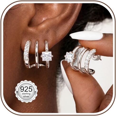 LOLIAS 925 Sterling Silver Posts Triple Huggie Stud Earrings for Women-Trendy 14K Gold Plated Drop Dangle Earrings-Hypoallergenic Statement Illusion Earring Fashion Jewelry Gifts in Kuwait
