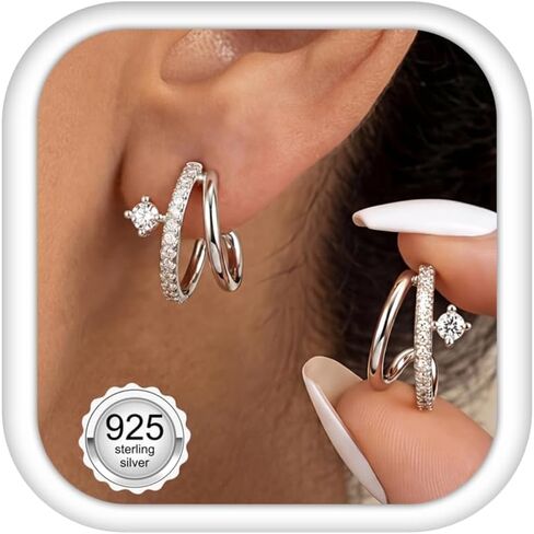 LOLIAS 925 Sterling Silver Posts Triple Huggie Stud Earrings for Women-Trendy 14K Gold Plated Drop Dangle Earrings-Hypoallergenic Statement Illusion Earring Fashion Jewelry Gifts in Kuwait