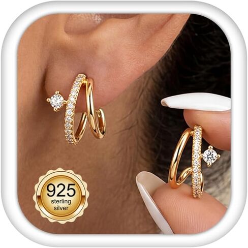 LOLIAS 925 Sterling Silver Posts Triple Huggie Stud Earrings for Women-Trendy 14K Gold Plated Drop Dangle Earrings-Hypoallergenic Statement Illusion Earring Fashion Jewelry Gifts in Kuwait