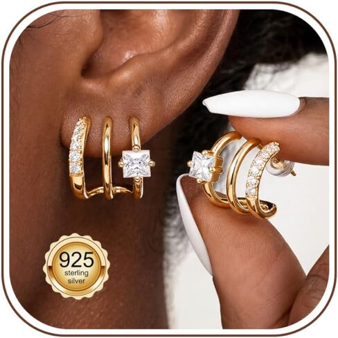 LOLIAS 925 Sterling Silver Posts Triple Huggie Stud Earrings for Women-Trendy 14K Gold Plated Drop Dangle Earrings-Hypoallergenic Statement Illusion Earring Fashion Jewelry Gifts in Kuwait
