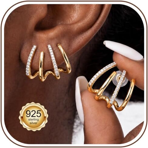 LOLIAS 925 Sterling Silver Posts Triple Huggie Stud Earrings for Women-Trendy 14K Gold Plated Drop Dangle Earrings-Hypoallergenic Statement Illusion Earring Fashion Jewelry Gifts in Kuwait