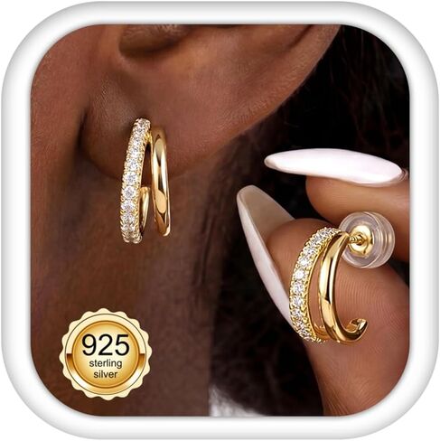 LOLIAS 925 Sterling Silver Posts Triple Huggie Stud Earrings for Women-Trendy 14K Gold Plated Drop Dangle Earrings-Hypoallergenic Statement Illusion Earring Fashion Jewelry Gifts in Kuwait