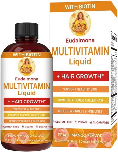 Liquid Multivitamin + Hair Growth | Biotin 10000mcg | Support Healthy Skin,Promote Thicker,Fuller Hair,Reduce Wrinkles & Fine Lines | uitable for Women & Men, Ages 18+ | 15.22 Fl Oz (Peach Mango) in Kuwait