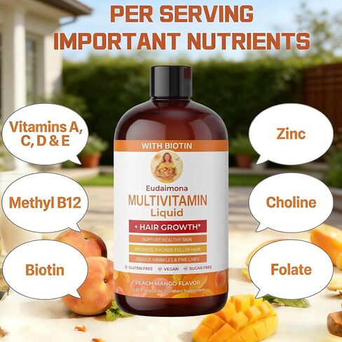 Liquid Multivitamin + Hair Growth | Biotin 10000mcg | Support Healthy Skin,Promote Thicker,Fuller Hair,Reduce Wrinkles & Fine Lines | uitable for Women & Men, Ages 18+ | 15.22 Fl Oz (Peach Mango) in Kuwait