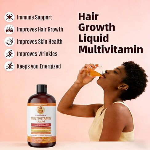 Liquid Multivitamin + Hair Growth | Biotin 10000mcg | Support Healthy Skin,Promote Thicker,Fuller Hair,Reduce Wrinkles & Fine Lines | uitable for Women & Men, Ages 18+ | 15.22 Fl Oz (Peach Mango) in Kuwait