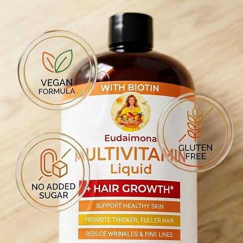 Liquid Multivitamin + Hair Growth | Biotin 10000mcg | Support Healthy Skin,Promote Thicker,Fuller Hair,Reduce Wrinkles & Fine Lines | uitable for Women & Men, Ages 18+ | 15.22 Fl Oz (Peach Mango) in Kuwait