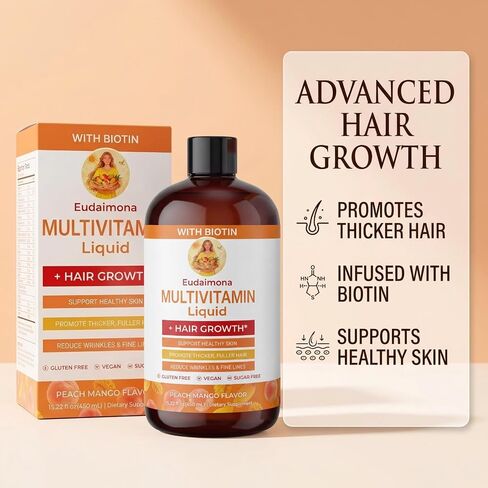 Liquid Multivitamin + Hair Growth | Biotin 10000mcg | Support Healthy Skin,Promote Thicker,Fuller Hair,Reduce Wrinkles & Fine Lines | uitable for Women & Men, Ages 18+ | 15.22 Fl Oz (Peach Mango) in Kuwait