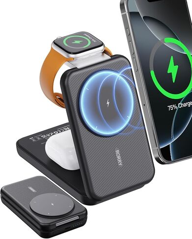 RORRY Portable Charger, 3-in-1 Charging Station 10000mAh Portable Charger Power Bank for MagSafe Foldable Battery Pack Travel for iPhone 16/15/14/13/12, for Apple Watch 10/9/8/7/6/5/Ultra/2, Black in Kuwait