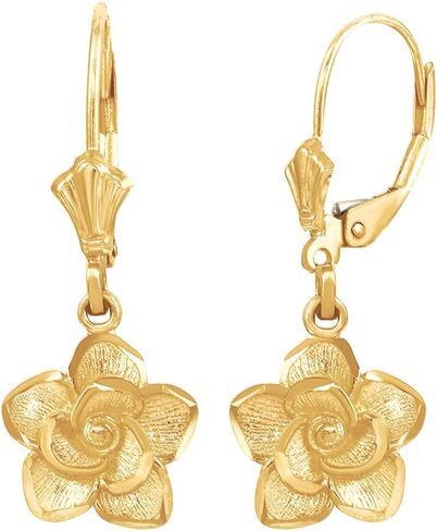 Certified 14K Rose, White, or Yellow Gold Rose Flower Leverback Earrings in Kuwait