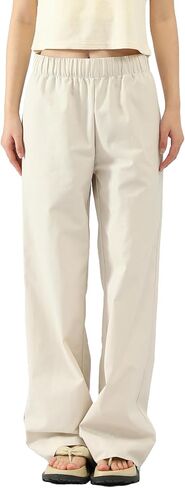 100% Cotton Wide Leg Pants Woman Work Casual Pants for Women Poplin High Waisted Relaxed with Elastic Waist and Pockets in Saudi Arabia