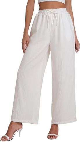 Womens Crop Ankle Pants High Waisted Wide Leg Loose Fit Flowy Casual Elastic Drawstring Waist Summer Trousers in Saudi Arabia