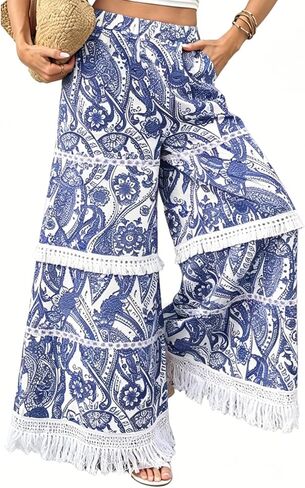 Women Wide Leg Tiered Fringe Boho Pants Casual Paisley Print Flowy Palazzo Summer Beach Vacation Trousers with Pockets in Kuwait