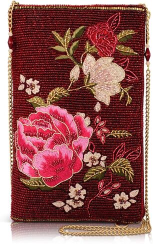 حقيبة هاتف Mary Frances Eastern Bloom حول الجسم - حزام سلسلة قابل للإزالة، سحاب للإغلاق، تصميم مطرز بالزهور، محفظة حمراء جريئة in Kuwait