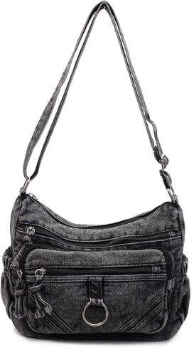 Retro Denim Crossbody Bag for Women, Lightweight Multi-Pocket Tote, Adjustable Strap Metal Zipper Purse in Saudi Arabia