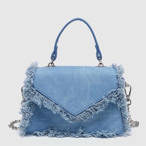 Frayed Denim Mini Top Handle Crossbody Bag For Women Stylish Faux Leather Chain Shoulder Purse For Evening Events Errands & Trendy Outfits (Denim Blue) in Kuwait