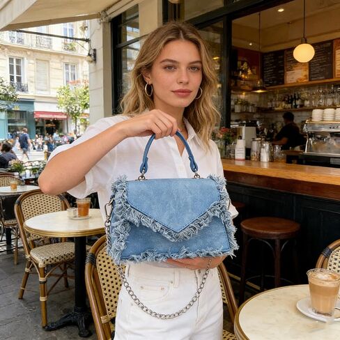 Frayed Denim Mini Top Handle Crossbody Bag For Women Stylish Faux Leather Chain Shoulder Purse For Evening Events Errands & Trendy Outfits (Denim Blue) in Kuwait