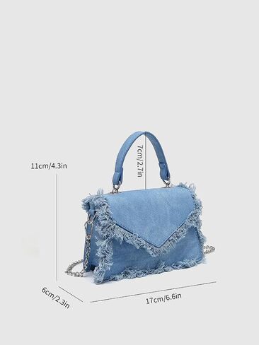 Frayed Denim Mini Top Handle Crossbody Bag For Women Stylish Faux Leather Chain Shoulder Purse For Evening Events Errands & Trendy Outfits (Denim Blue) in Kuwait