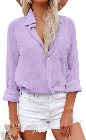 Paintcolors Women's Button Up Tunics Cotton Button Down Shirt with Pockets Solid Color Long Sleeve Blouse Tops in Saudi Arabia
