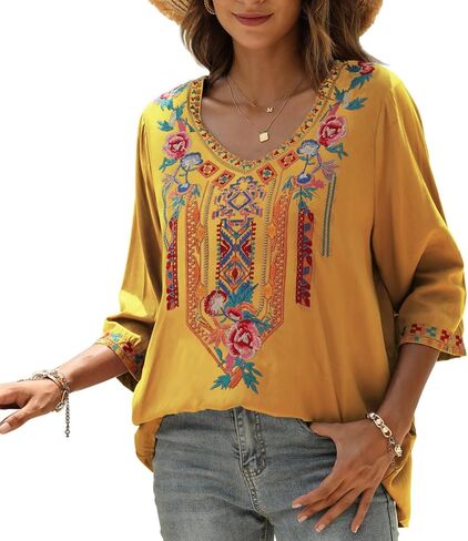 AK Embroidered Tops for Women 3/4 Sleeve Peasant Blouse Mexican Shirts V Neck Traditional Tunic Casual Tops in Kuwait