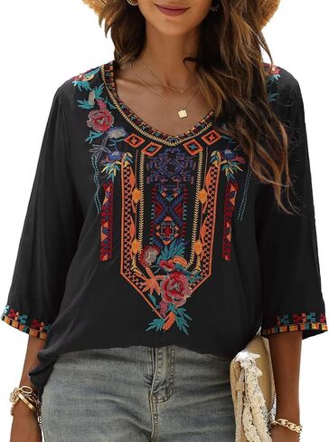 AK Embroidered Tops for Women 3/4 Sleeve Peasant Blouse Mexican Shirts V Neck Traditional Tunic Casual Tops in Kuwait