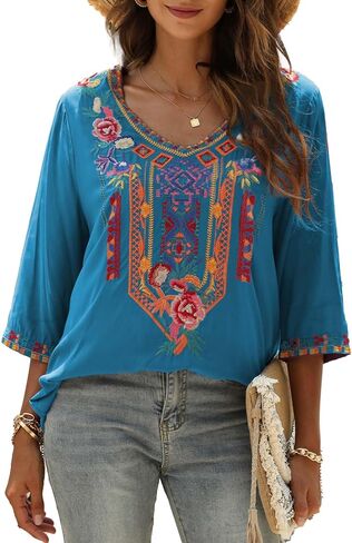 AK Embroidered Tops for Women 3/4 Sleeve Peasant Blouse Mexican Shirts V Neck Traditional Tunic Casual Tops in Kuwait