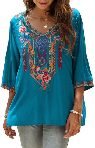 AK Embroidered Tops for Women 3/4 Sleeve Peasant Blouse Mexican Shirts V Neck Traditional Tunic Casual Tops in Kuwait