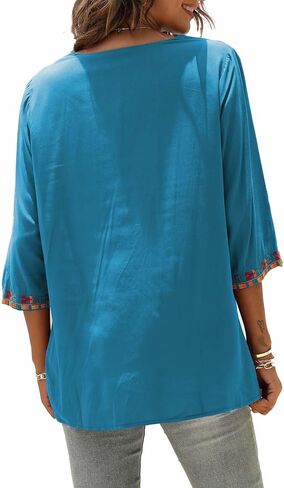 AK Embroidered Tops for Women 3/4 Sleeve Peasant Blouse Mexican Shirts V Neck Traditional Tunic Casual Tops in Kuwait