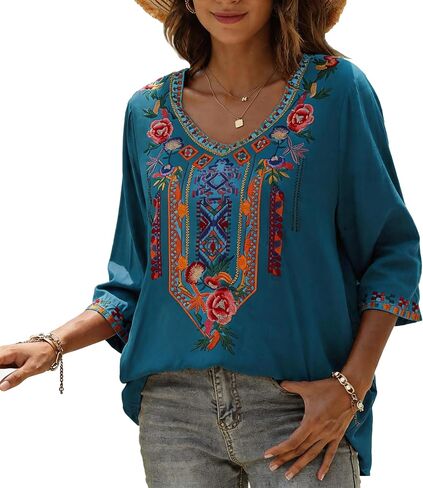 AK Embroidered Tops for Women 3/4 Sleeve Peasant Blouse Mexican Shirts V Neck Traditional Tunic Casual Tops in Kuwait