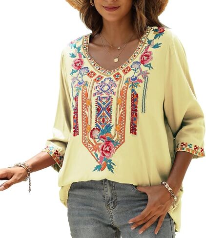 AK Embroidered Tops for Women 3/4 Sleeve Peasant Blouse Mexican Shirts V Neck Traditional Tunic Casual Tops in Kuwait