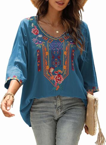AK Embroidered Tops for Women 3/4 Sleeve Peasant Blouse Mexican Shirts V Neck Traditional Tunic Casual Tops in Kuwait