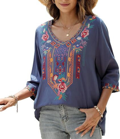 AK Embroidered Tops for Women 3/4 Sleeve Peasant Blouse Mexican Shirts V Neck Traditional Tunic Casual Tops in Kuwait
