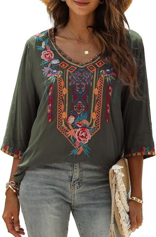 AK Embroidered Tops for Women 3/4 Sleeve Peasant Blouse Mexican Shirts V Neck Traditional Tunic Casual Tops in Kuwait