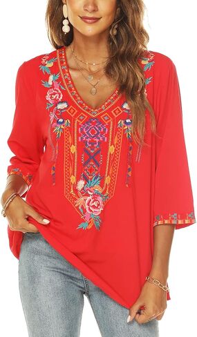 AK Embroidered Tops for Women 3/4 Sleeve Peasant Blouse Mexican Shirts V Neck Traditional Tunic Casual Tops in Kuwait