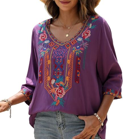 AK Embroidered Tops for Women 3/4 Sleeve Peasant Blouse Mexican Shirts V Neck Traditional Tunic Casual Tops in Kuwait