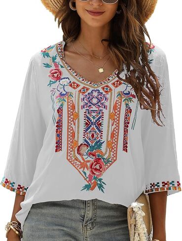 AK Embroidered Tops for Women 3/4 Sleeve Peasant Blouse Mexican Shirts V Neck Traditional Tunic Casual Tops in Kuwait