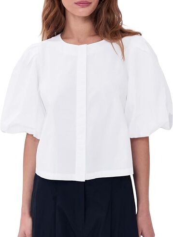 SUNNOW Women's Puff Sleeve Shirt Crew Neck Blouse with Elastic Cuffs & Hidden Button Placket Work to Weekend Top in Saudi Arabia
