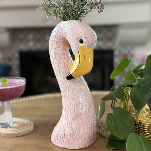 Ceramic Flamingo Vase Medium 10.5" Light Pastel Pink - Glossy Tropical Accent Piece for Flowers, Unique Home Decor, Maximalist Florida Decor in Saudi Arabia