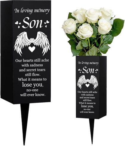 WEBEEDY Son Cemetery Vase Decorations for Grave with Spikes Wings Heart Pattern Grave Metal Vases Decorations for Cemetery Funeral Father's Day Memorial Day Decor, 1 pc, 3x8 Inch(in Loving Memory Son) in Kuwait