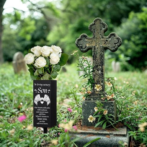 WEBEEDY Son Cemetery Vase Decorations for Grave with Spikes Wings Heart Pattern Grave Metal Vases Decorations for Cemetery Funeral Father's Day Memorial Day Decor, 1 pc, 3x8 Inch(in Loving Memory Son) in Kuwait