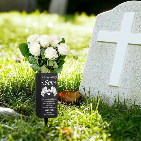 WEBEEDY Son Cemetery Vase Decorations for Grave with Spikes Wings Heart Pattern Grave Metal Vases Decorations for Cemetery Funeral Father's Day Memorial Day Decor, 1 pc, 3x8 Inch(in Loving Memory Son) in Kuwait