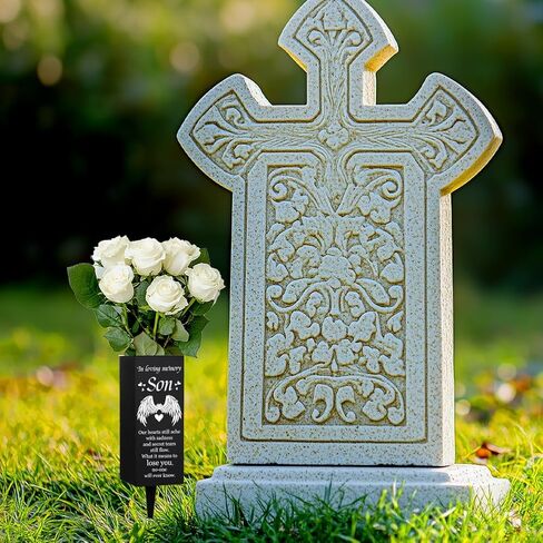 WEBEEDY Son Cemetery Vase Decorations for Grave with Spikes Wings Heart Pattern Grave Metal Vases Decorations for Cemetery Funeral Father's Day Memorial Day Decor, 1 pc, 3x8 Inch(in Loving Memory Son) in Kuwait