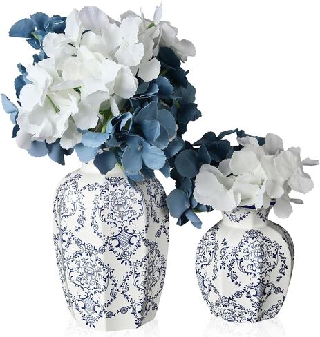 2 Pcs Chinoiserie Ceramic Vase with 12 Faux Hydrangea Flowers, Vintage Chinoiserie Table Centerpiece Set, French Farmhouse Country Decor in Saudi Arabia