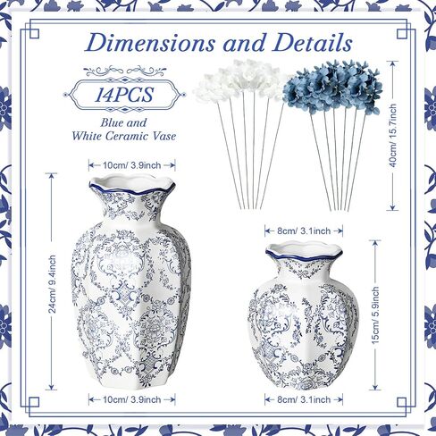 2 Pcs Chinoiserie Ceramic Vase with 12 Faux Hydrangea Flowers, Vintage Chinoiserie Table Centerpiece Set, French Farmhouse Country Decor in Saudi Arabia