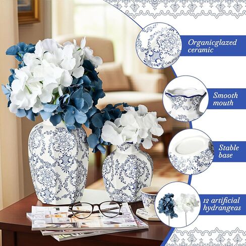 2 Pcs Chinoiserie Ceramic Vase with 12 Faux Hydrangea Flowers, Vintage Chinoiserie Table Centerpiece Set, French Farmhouse Country Decor in Saudi Arabia