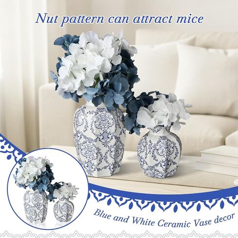 2 Pcs Chinoiserie Ceramic Vase with 12 Faux Hydrangea Flowers, Vintage Chinoiserie Table Centerpiece Set, French Farmhouse Country Decor in Saudi Arabia