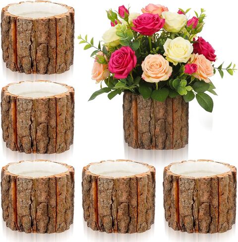 6 Pcs Wooden Vase for Centerpieces, Rustic Bark Stump Buckets Vintage Planter Pots for Garden Baby Shower Window Home Garden Wedding Party Decor in Saudi Arabia