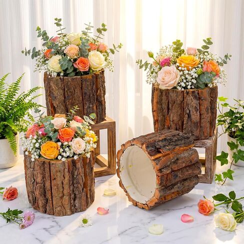 6 Pcs Wooden Vase for Centerpieces, Rustic Bark Stump Buckets Vintage Planter Pots for Garden Baby Shower Window Home Garden Wedding Party Decor in Saudi Arabia